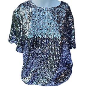 Express Silver Sequin Sparkly Party Disco Lined Short Sleeved Top Shirt Size XL